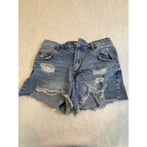 Love Tree Denim Distressed High Waisted Jean Shorts Medium Wash Cutoffs S
